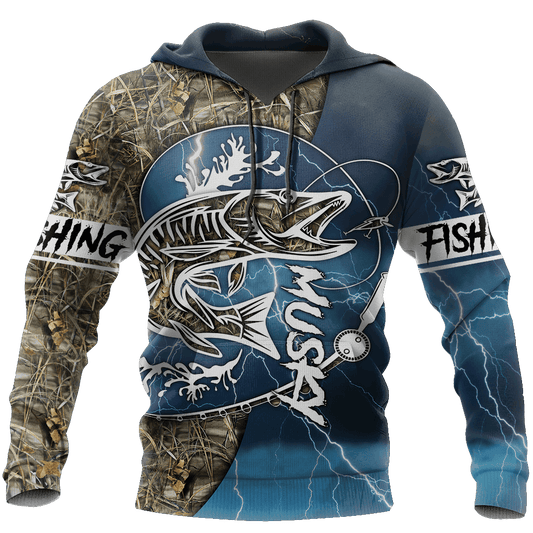 Blue Musky Fishing Hook Up Camo Hoodie For Fishermen Camping Adventures And Comfortable Streetwear
