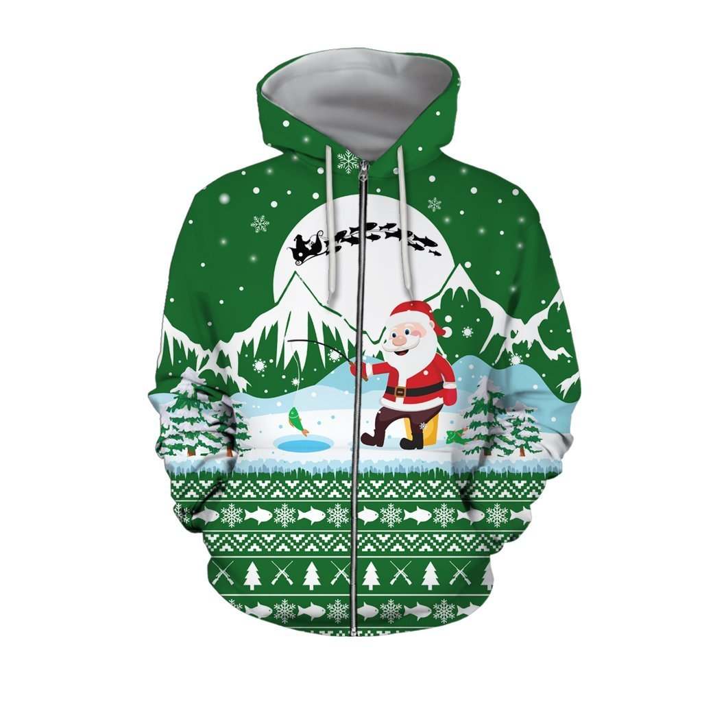 Green Santa Goes Fishing Christmas Hoodie For Seasonal Parties Casual Wear And Thoughtful Holiday Gifts