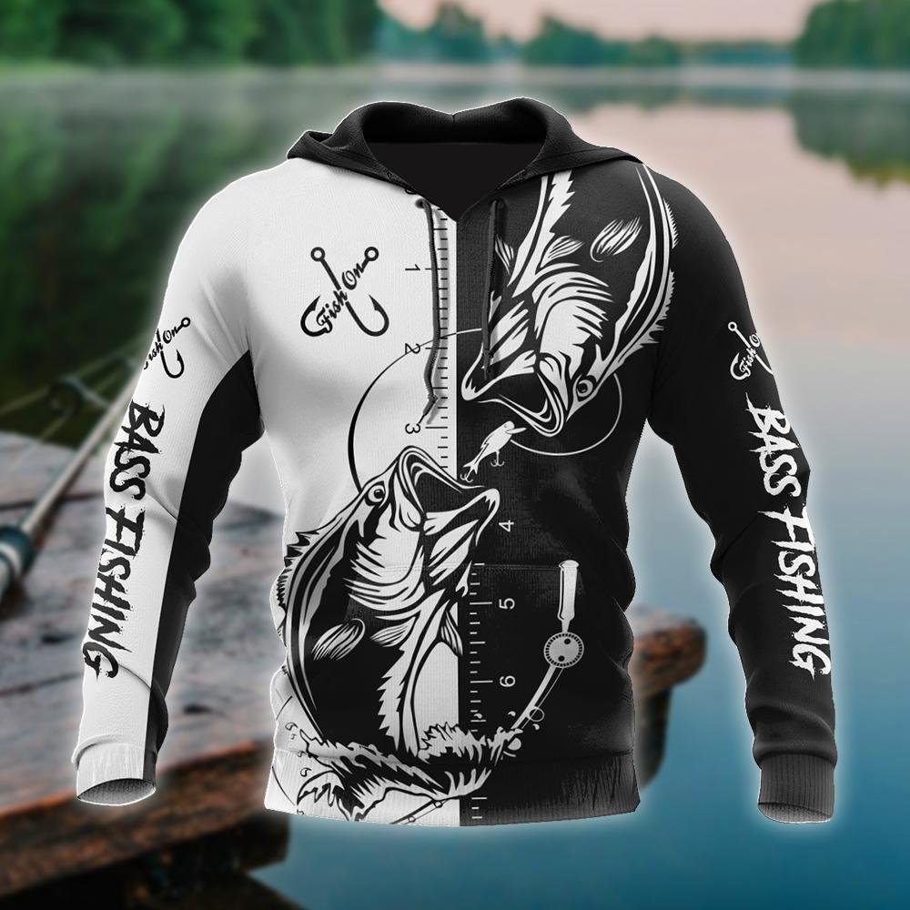 Black White Bass Fishing Tattoo Hoodie For Angling Enthusiasts Travel Days And Relaxed Daily Wear
