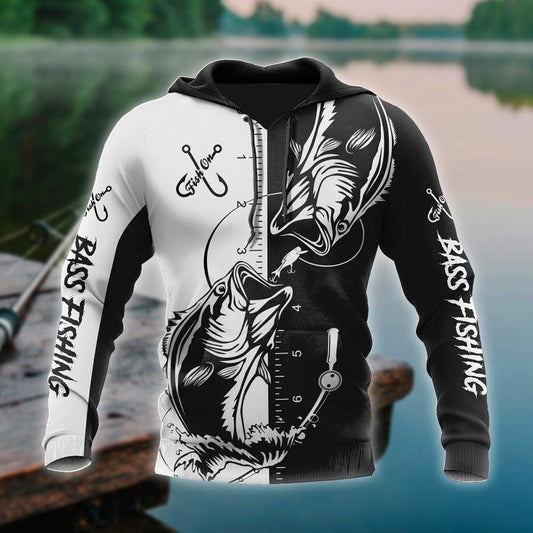 Black White Bass Fishing Tattoo Hoodie For Angling Enthusiasts Travel Days And Relaxed Daily Wear