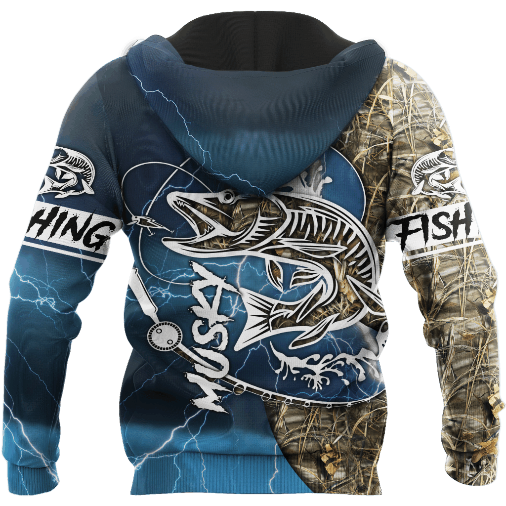Blue Musky Fishing Hook Up Camo Hoodie For Fishermen Camping Adventures And Comfortable Streetwear