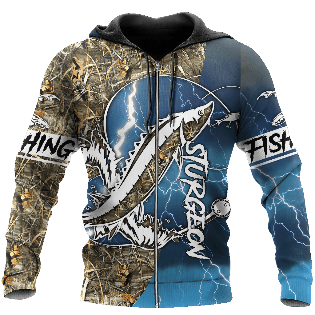 Blue Sturgeon Fishing Sport Camo Hoodie For Fishing Adventures Camping Travel And Casual Gift Ideas