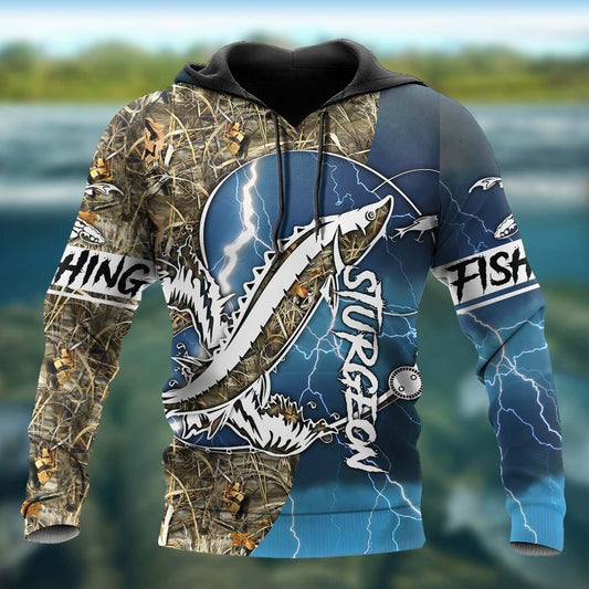 Blue Sturgeon Fishing Sport Camo Hoodie For Fishing Adventures Camping Travel And Casual Gift Ideas