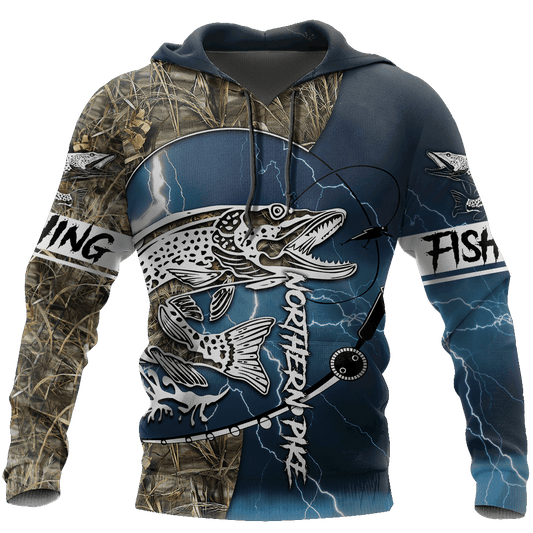 Blue Northern Pike Fishing Camo Hoodie For Lake Days Outdoor Travel And Thoughtful Angler Gifting