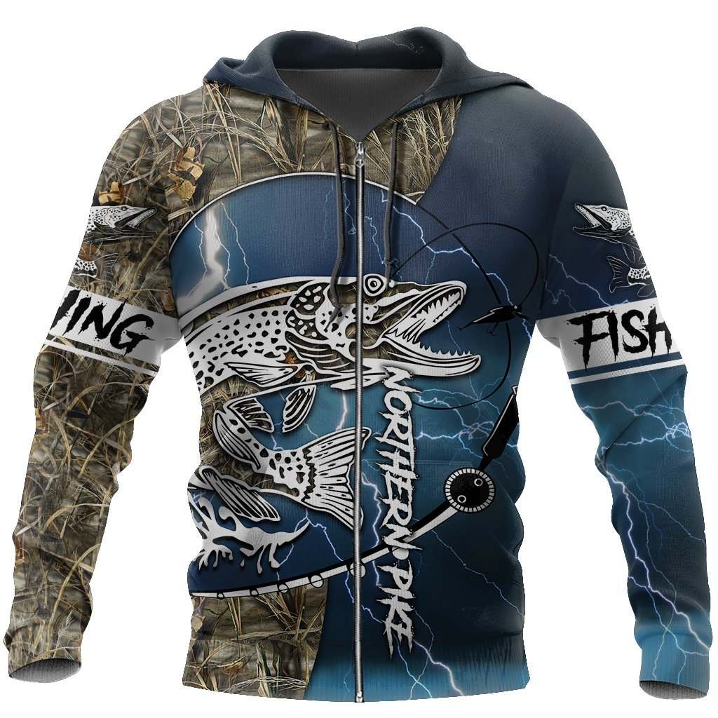 Blue Northern Pike Fishing Camo Hoodie For Lake Days Outdoor Travel And Thoughtful Angler Gifting