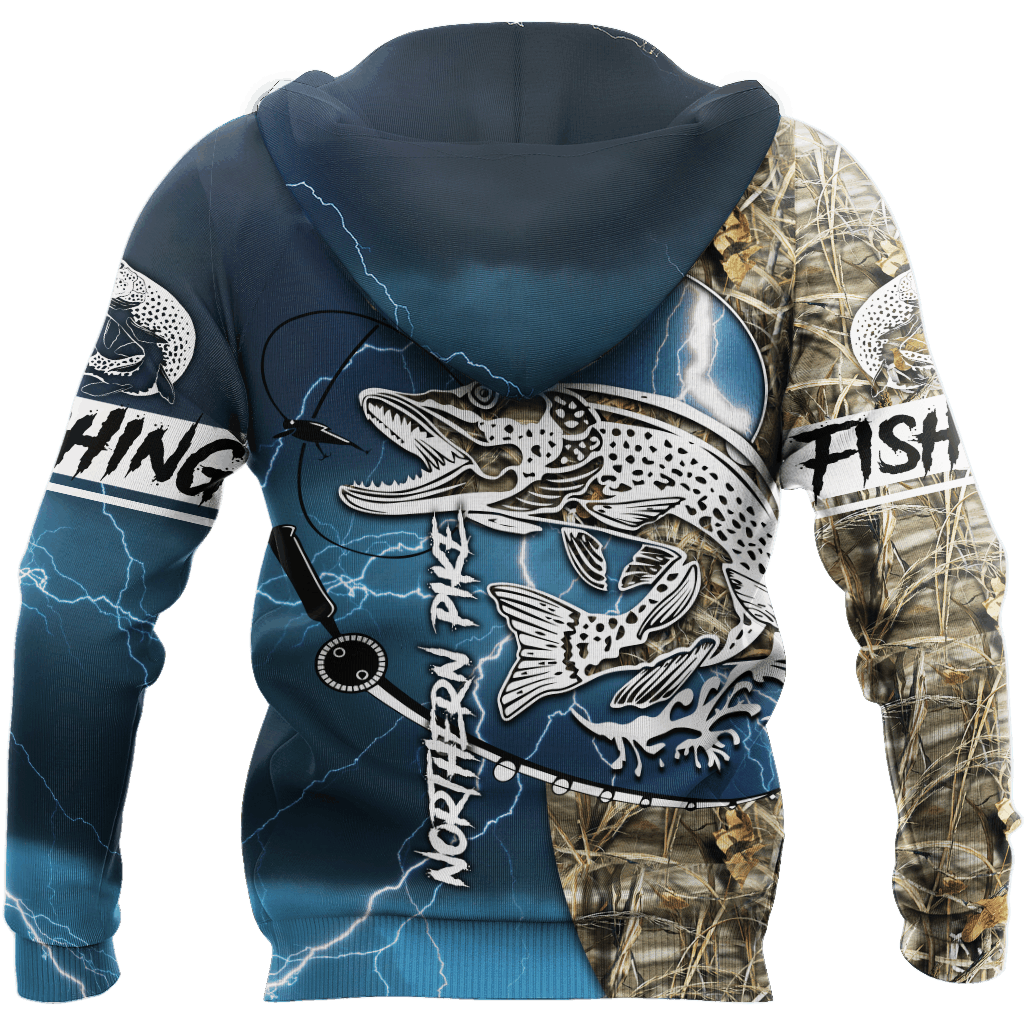 Blue Northern Pike Fishing Camo Hoodie For Lake Days Outdoor Travel And Thoughtful Angler Gifting