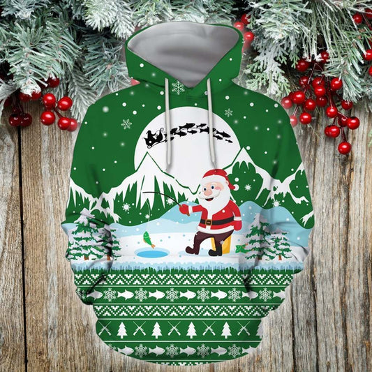 Green Santa Goes Fishing Christmas Hoodie For Seasonal Parties Casual Wear And Thoughtful Holiday Gifts