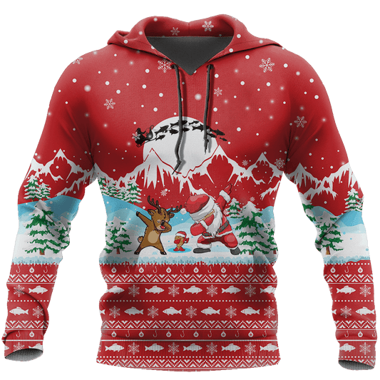 Red Santa Fishing Yolo Christmas Hoodie For Festive Days Casual Adventures And Thoughtful Seasonal Gifting