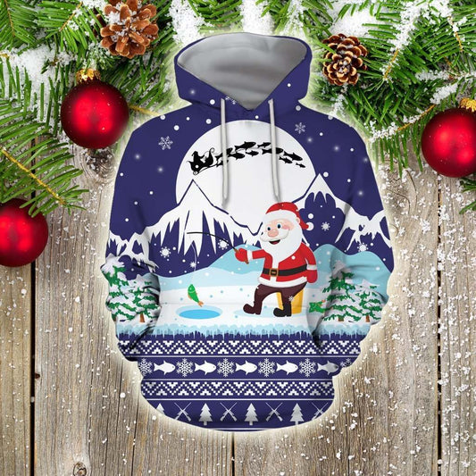 Santa Fishing Christmas Theme Hoodie For Holiday Gatherings Winter Travel And Seasonal Gifting