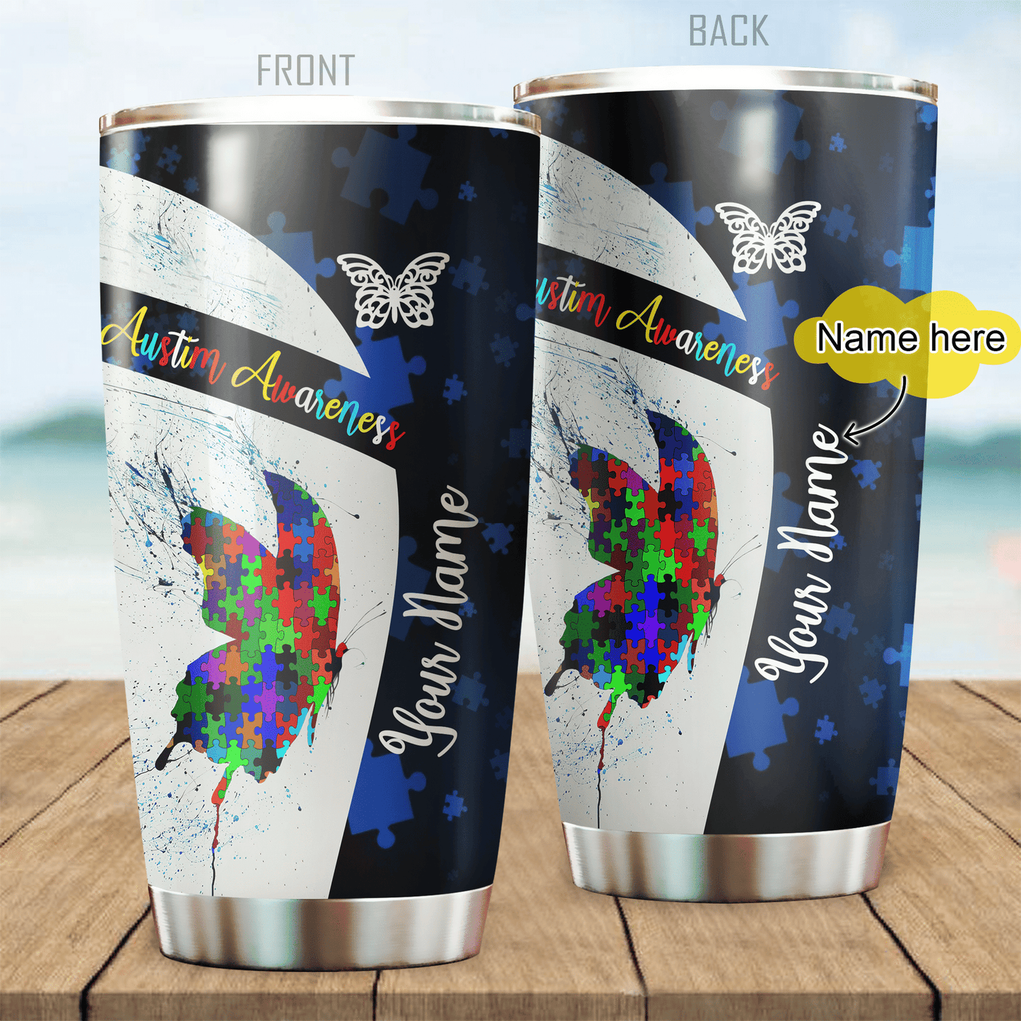 Autism Awareness Butterfly Personalized 20 Oz Tumbler For Coffee Travel And Daily Drinks
