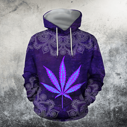 Hippie Purple Botanical Leaf Pattern Hoodie For Festival Days Weekend Adventures And Relaxed Style