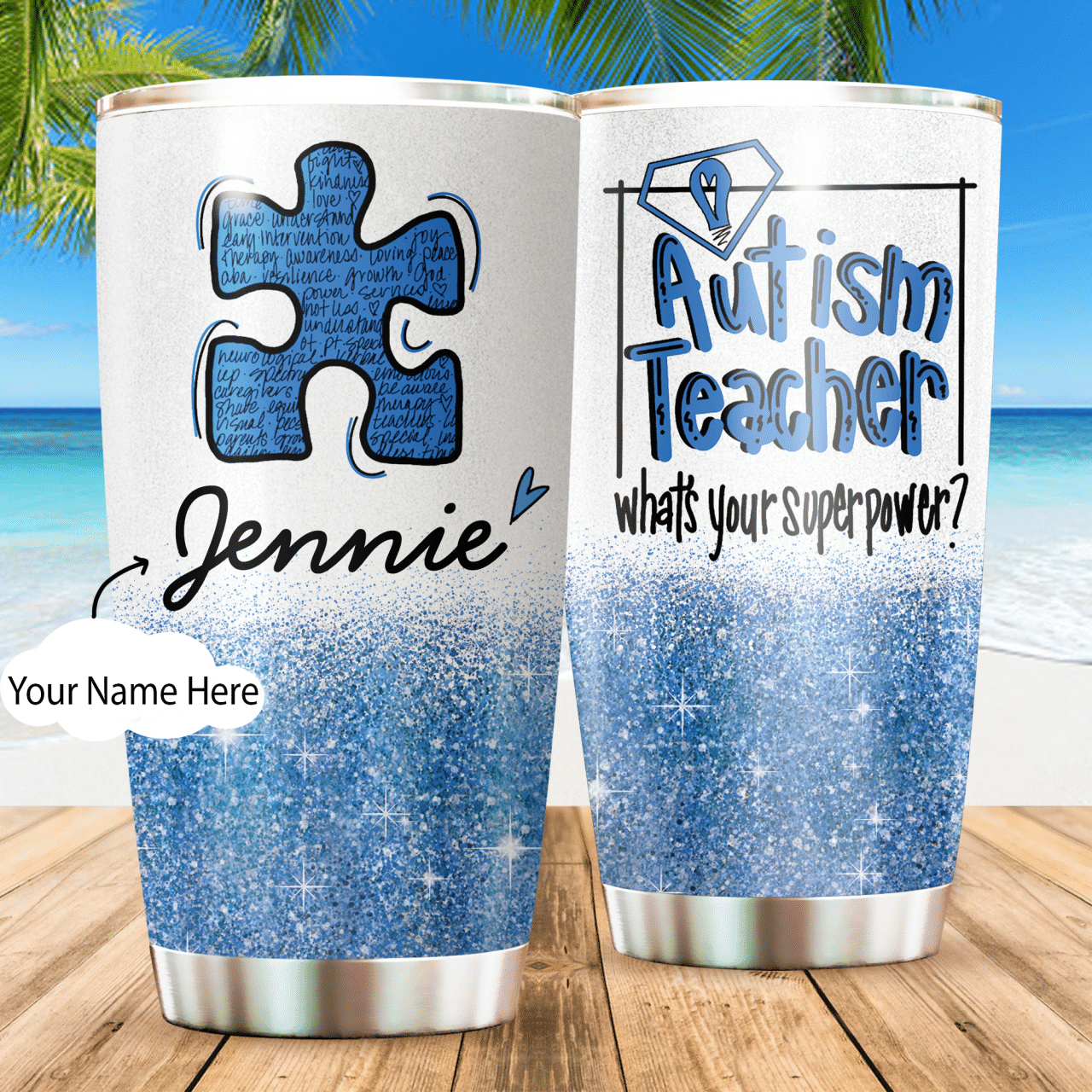 Autism Teacher In Blue Personalized 20 Oz Tumbler For Coffee Travel And Daily Drinks