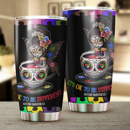 Autism Skull It's Ok To Be Different 20 Oz Tumbler For Coffee Travel And Daily Drinks