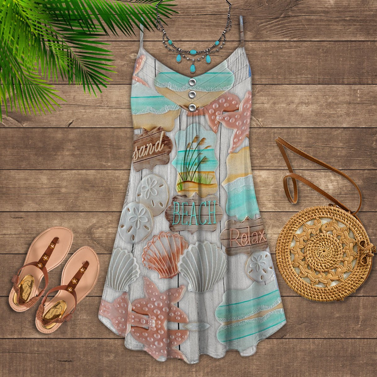 Beach Colorful Seashell V-Neck Sleeveless Cami Dress For Beach Festivals And Comfortable Summer Outfits