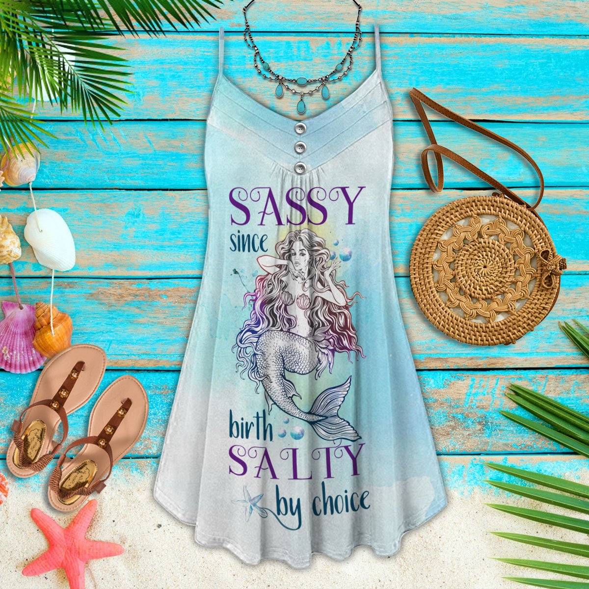 Mermaid Sassy Sine Birth Salty By Choice V-Neck Sleeveless Cami Dress For Ocean Lovers And Sunny Getaways
