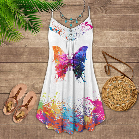 Multicolor Butterfly Modern Art Limited – Women's Summer Sleeveless V-Neck Camisole Dress