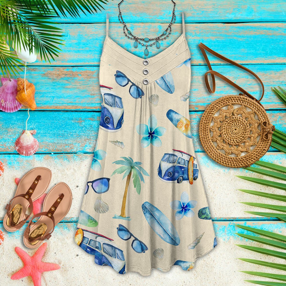 Beach Vibe V-Neck Sleeveless Cami Dress For Tropical Parties And Casual Everyday Style