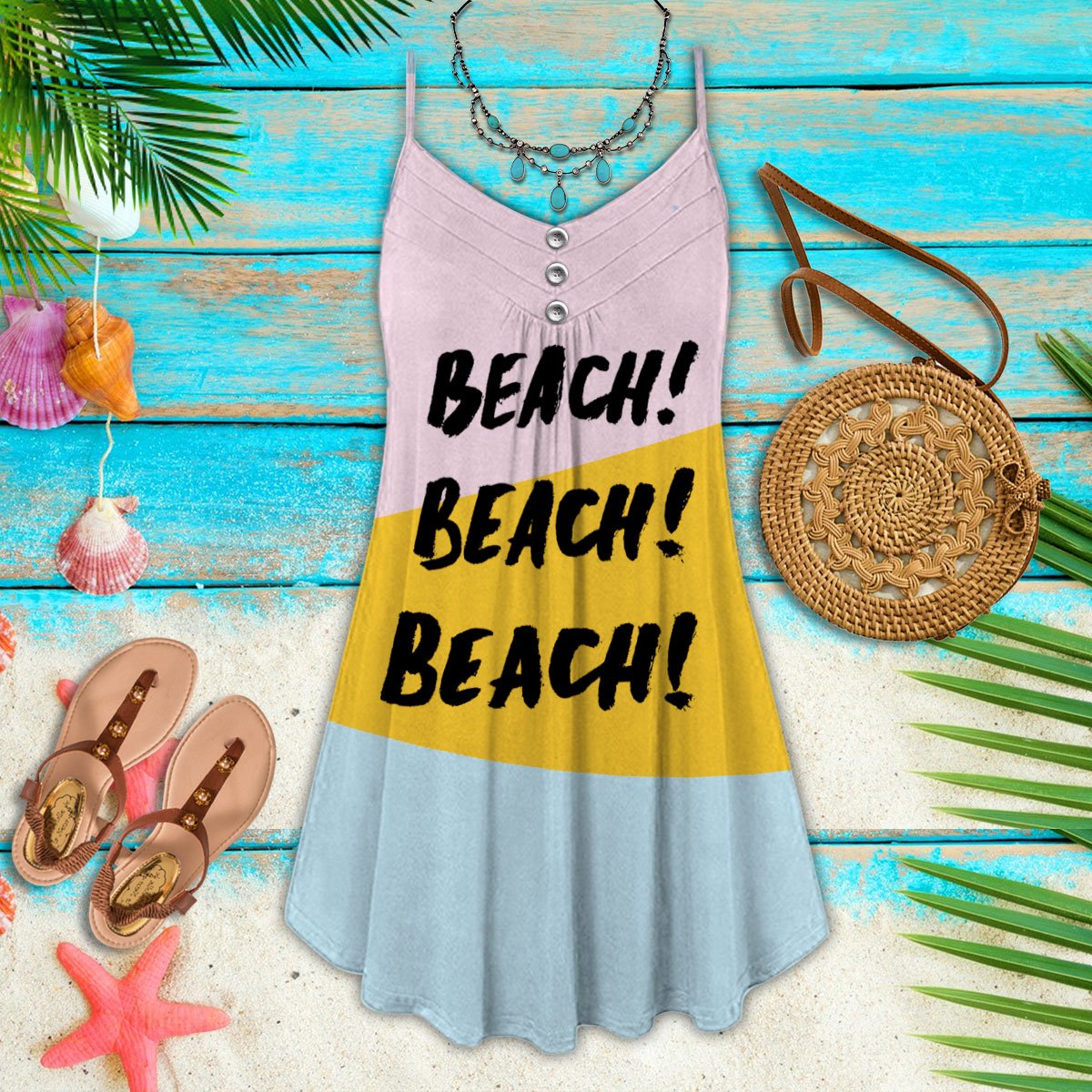Beach Love Fresh V-Neck Sleeveless Cami Dress For Tropical Parties And Casual Everyday Style