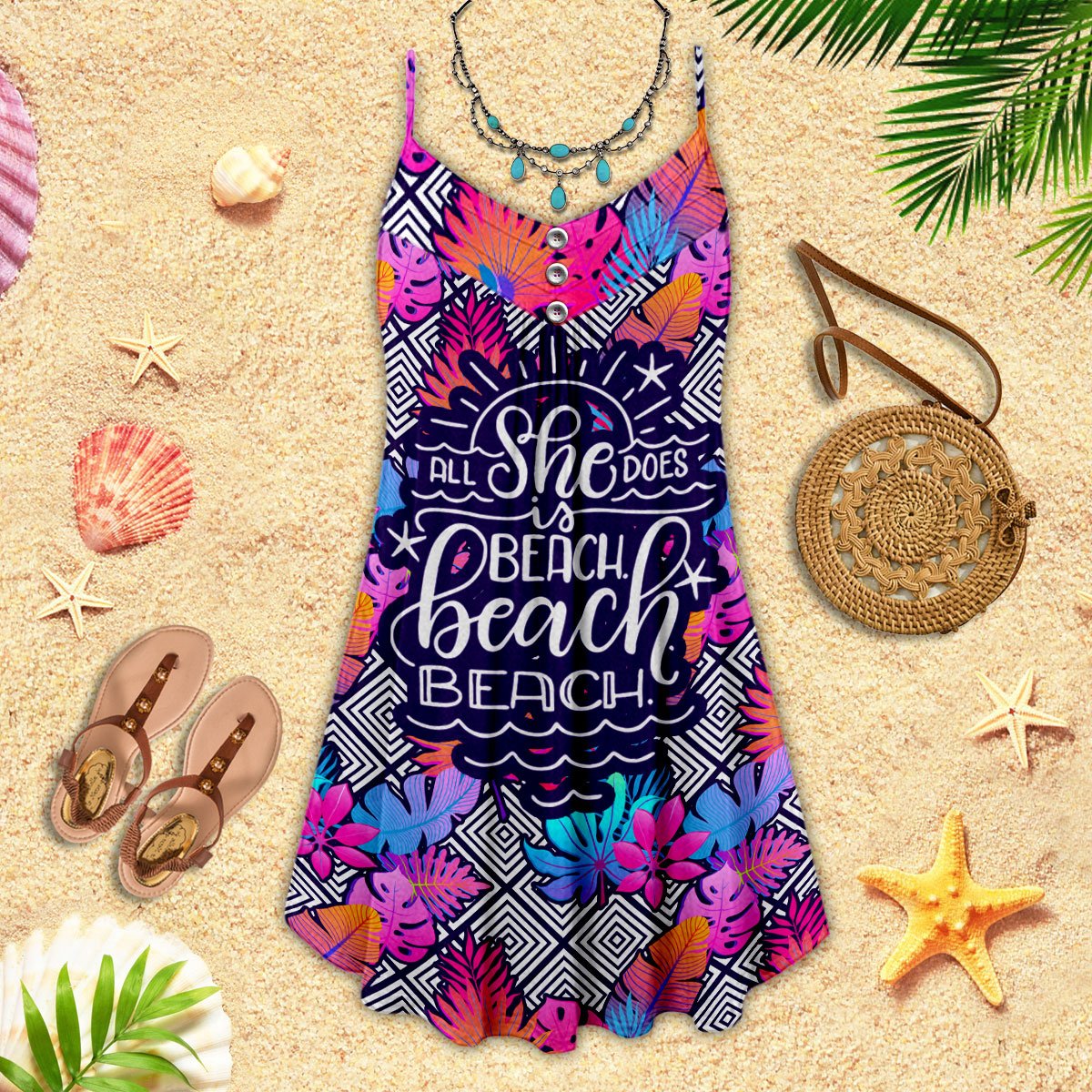 Beach Girl V-Neck Sleeveless Cami Dress For Coastal Travel And Relaxed Summer Wear