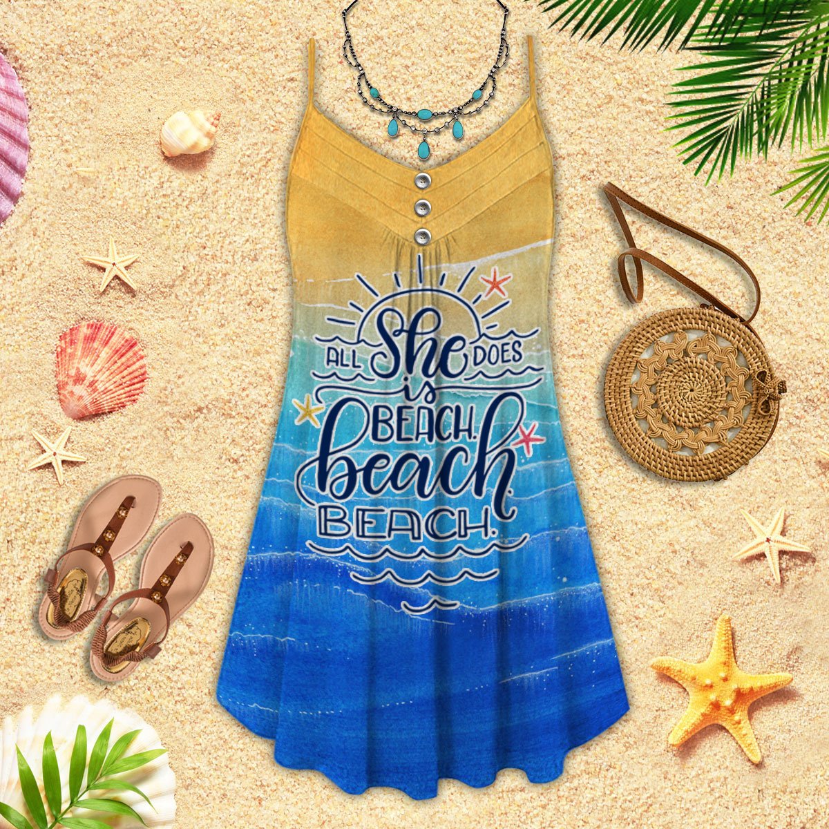 Beach Girl Love Sun V-Neck Sleeveless Cami Dress For Beach Festivals And Comfortable Summer Outfits