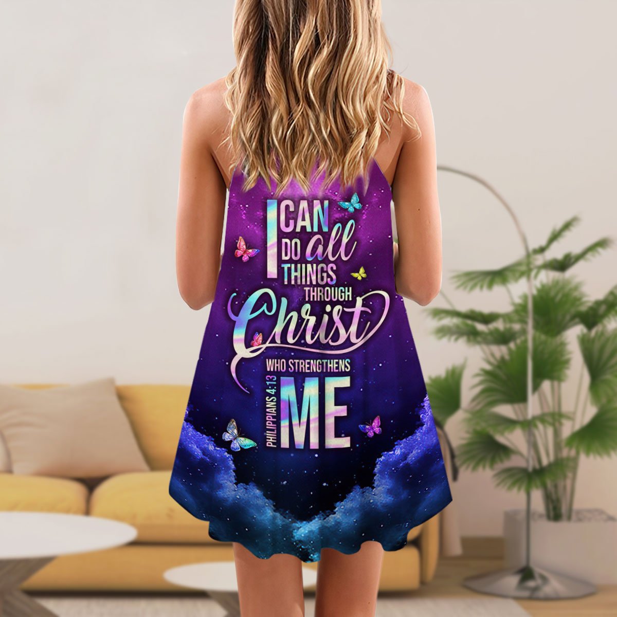 Butterfly Faith I Can Do All Things V-Neck Sleeveless Cami Dress For Travel And Comfortable Botanical Styling