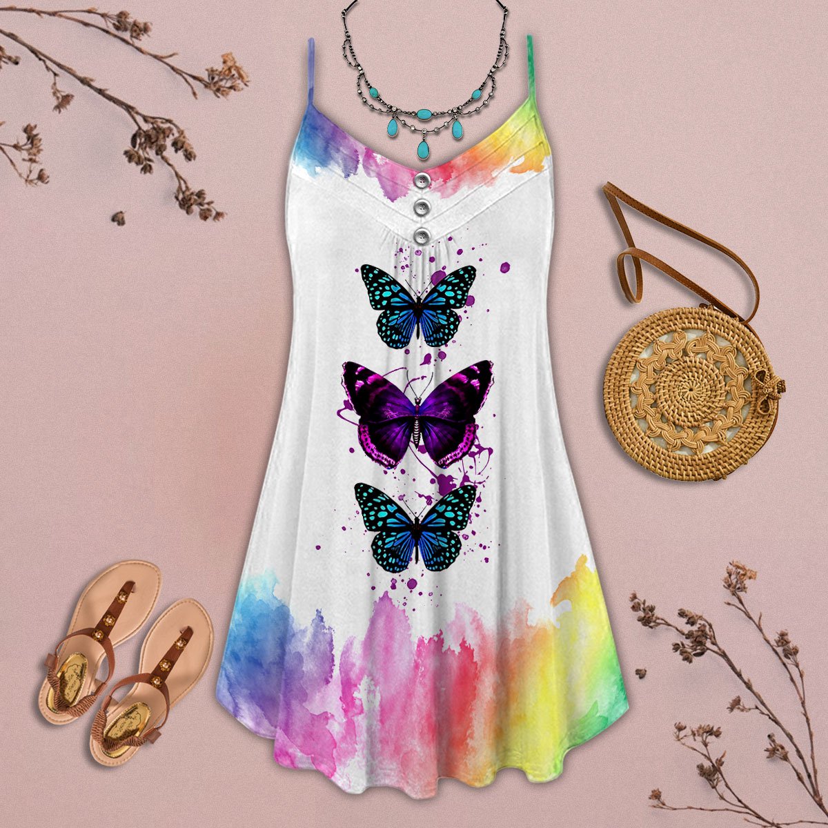 Butterfly Fresh We Love It V-Neck Sleeveless Cami Dress For Summer Events And Colorful Daily Fashion