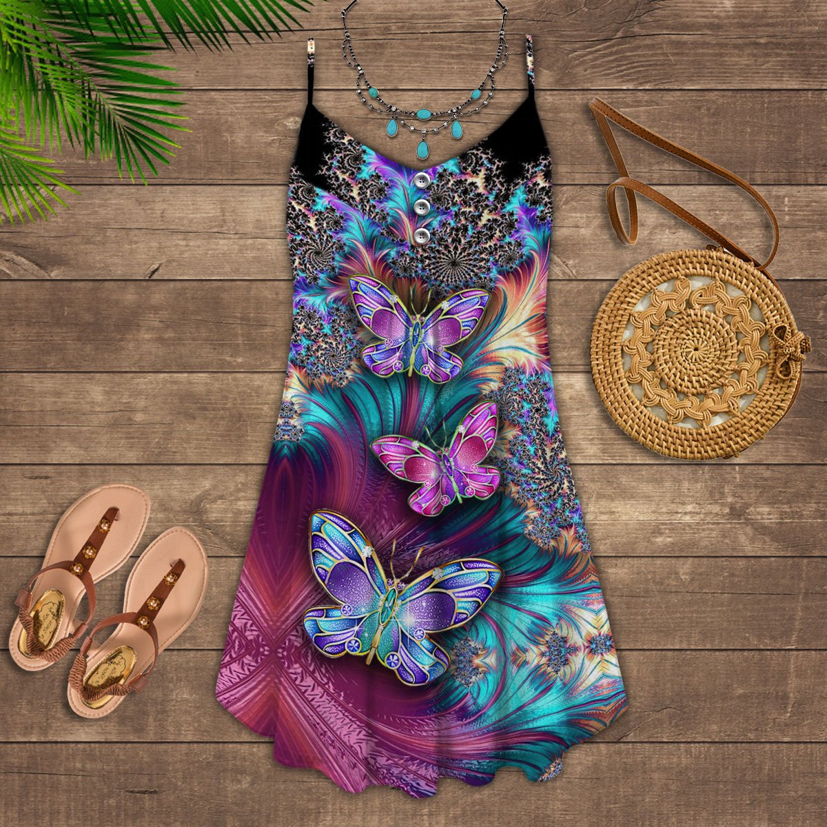 Colorful Butterfly V-Neck Sleeveless Cami Dress For Beach Trips And Graceful Warm Weather Outfits