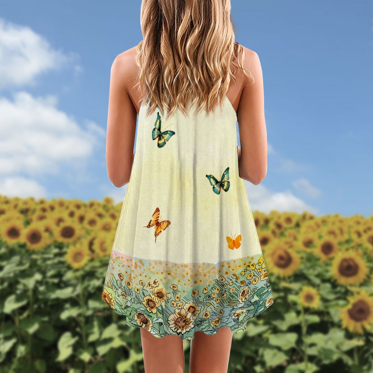 Sunflower Butterfly V-Neck Sleeveless Cami Dress For Garden Parties And Relaxed Summer Wear