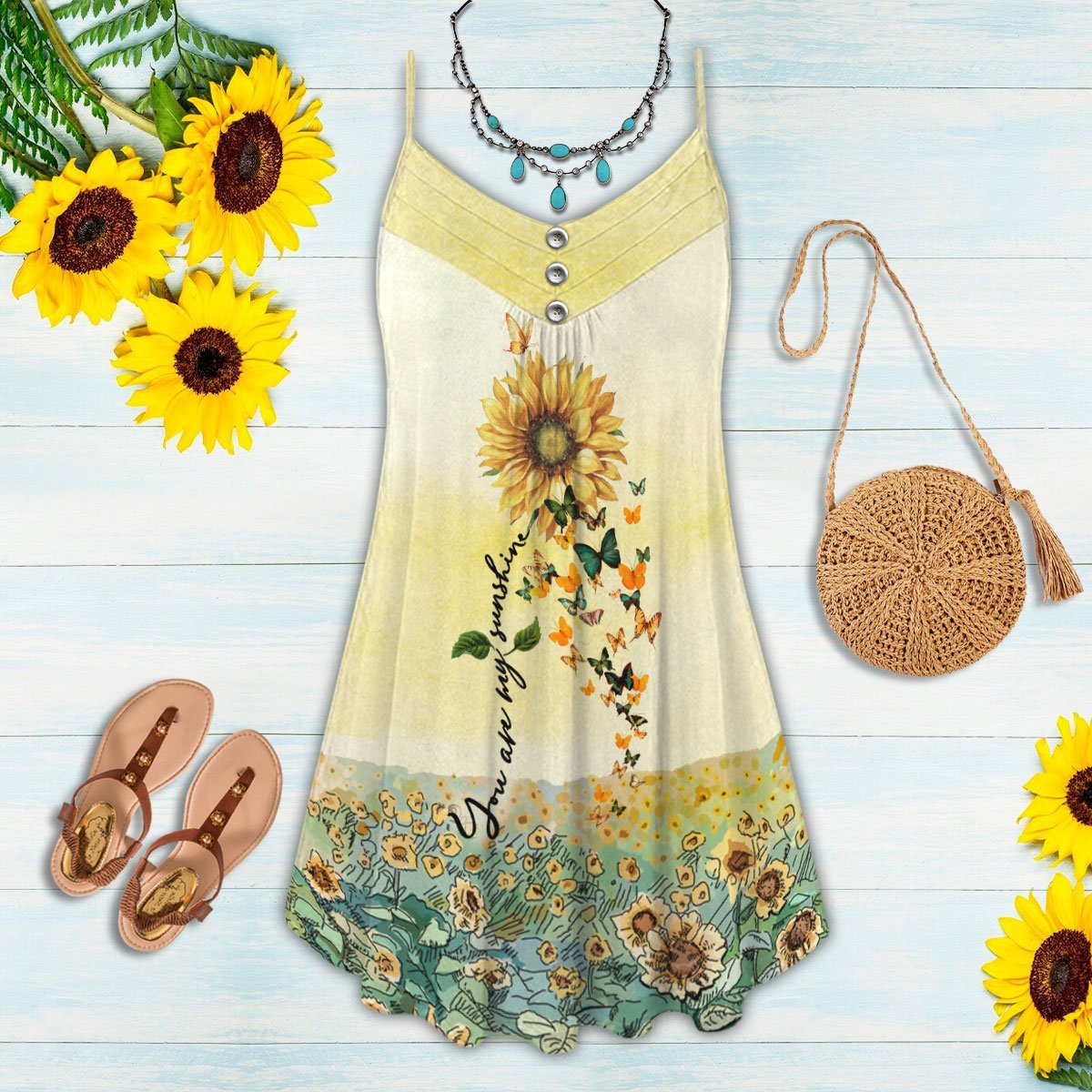 Sunflower Butterfly V-Neck Sleeveless Cami Dress For Garden Parties And Relaxed Summer Wear
