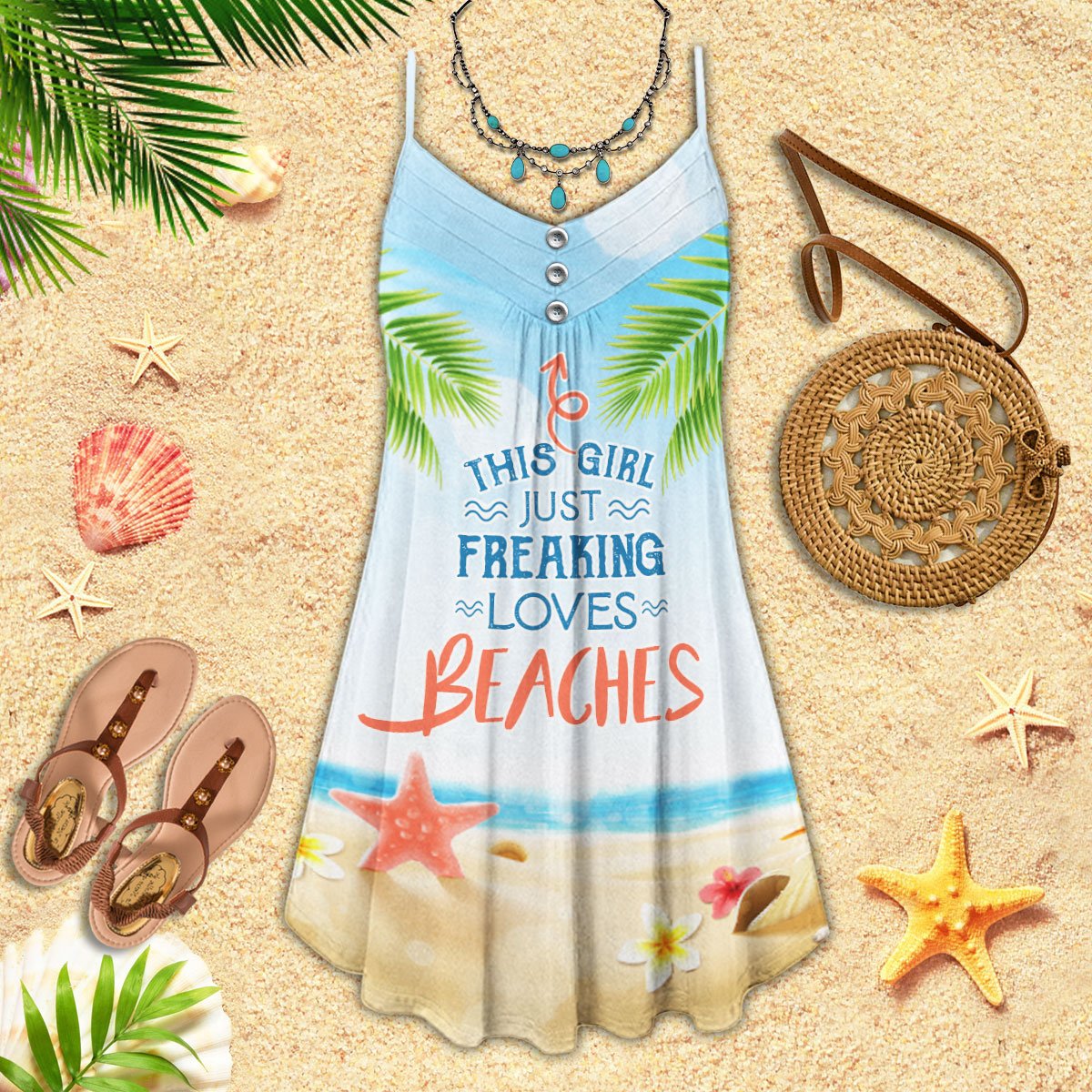 Beach Girl Love Trip V-Neck Sleeveless Cami Dress For Tropical Parties And Casual Everyday Style