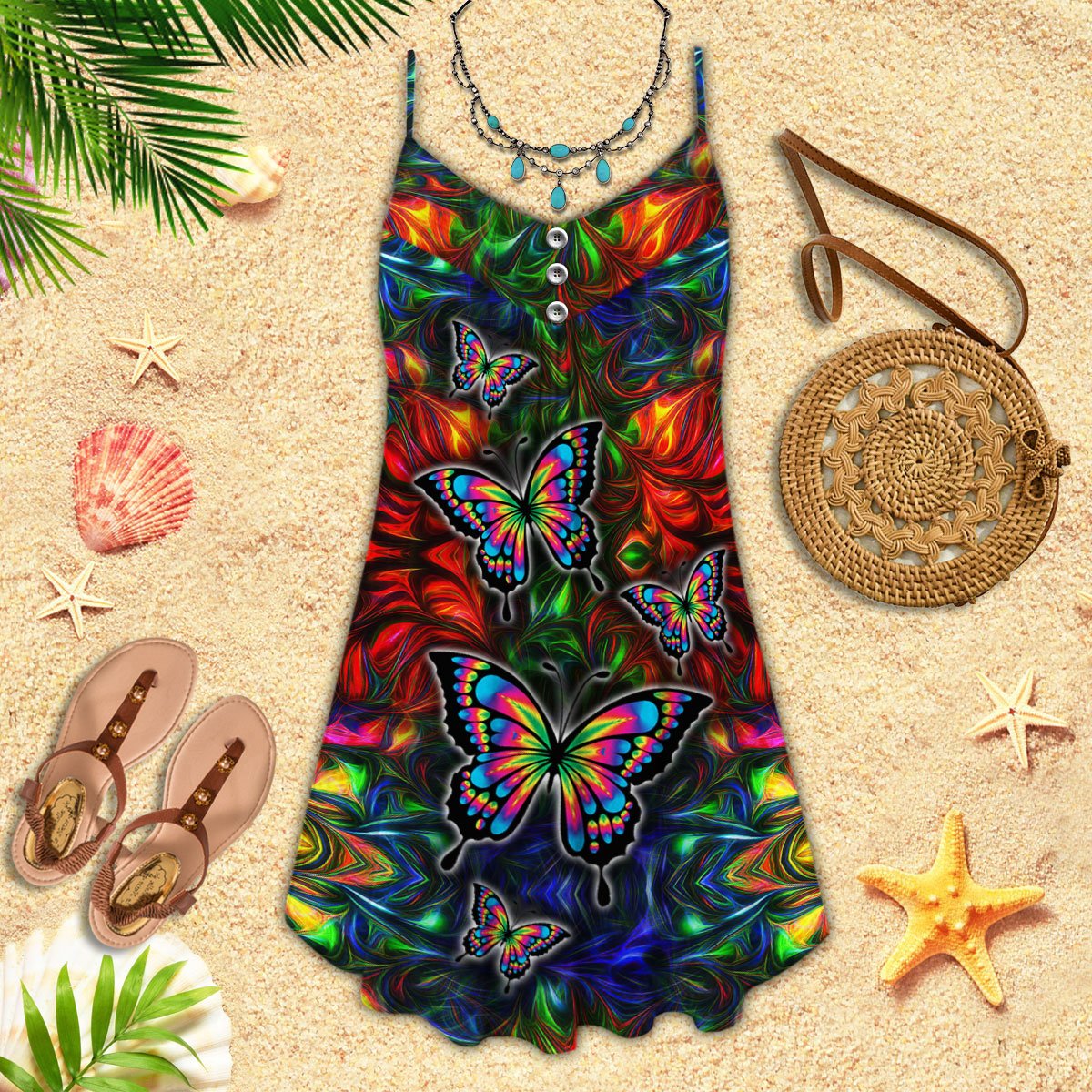 Colorful Butterfly V-Neck Sleeveless Cami Dress For Garden Parties And Relaxed Summer Wear