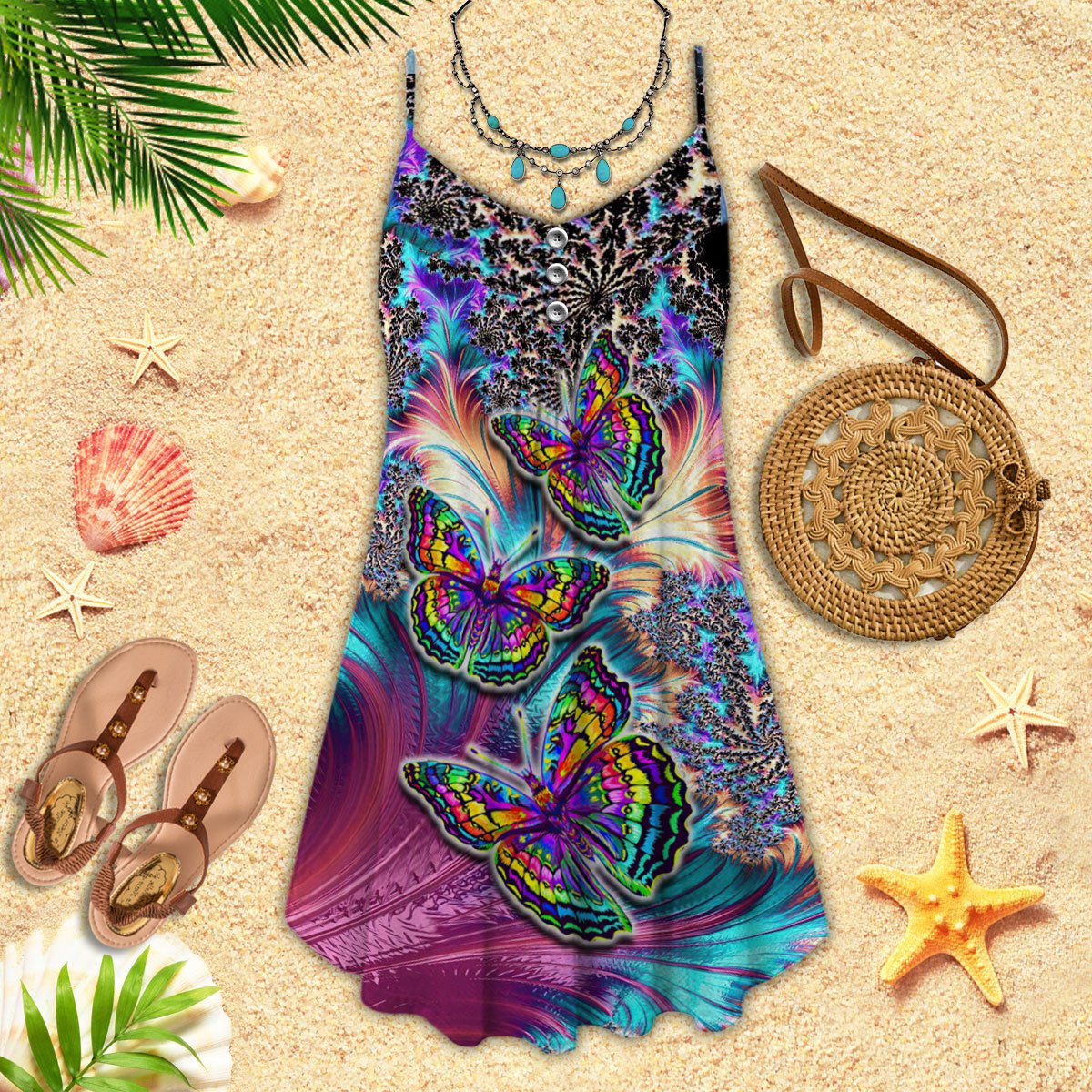 Butterfly Colorful Neon V-Neck Sleeveless Cami Dress For Floral Vacations And Casual Everyday Style