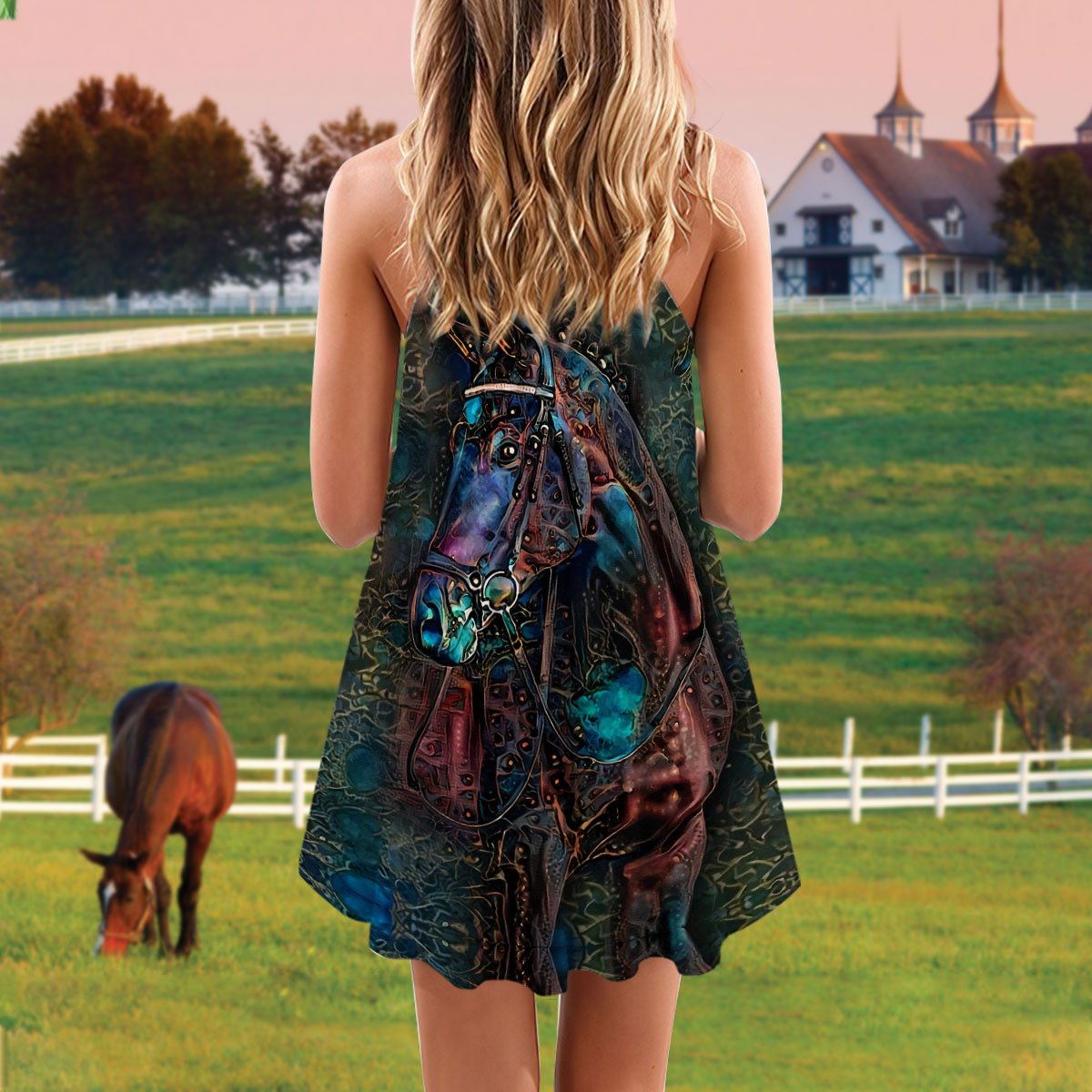 Horse Blue V-Neck Sleeveless Cami Dress For Travel And Comfortable Summer Styling