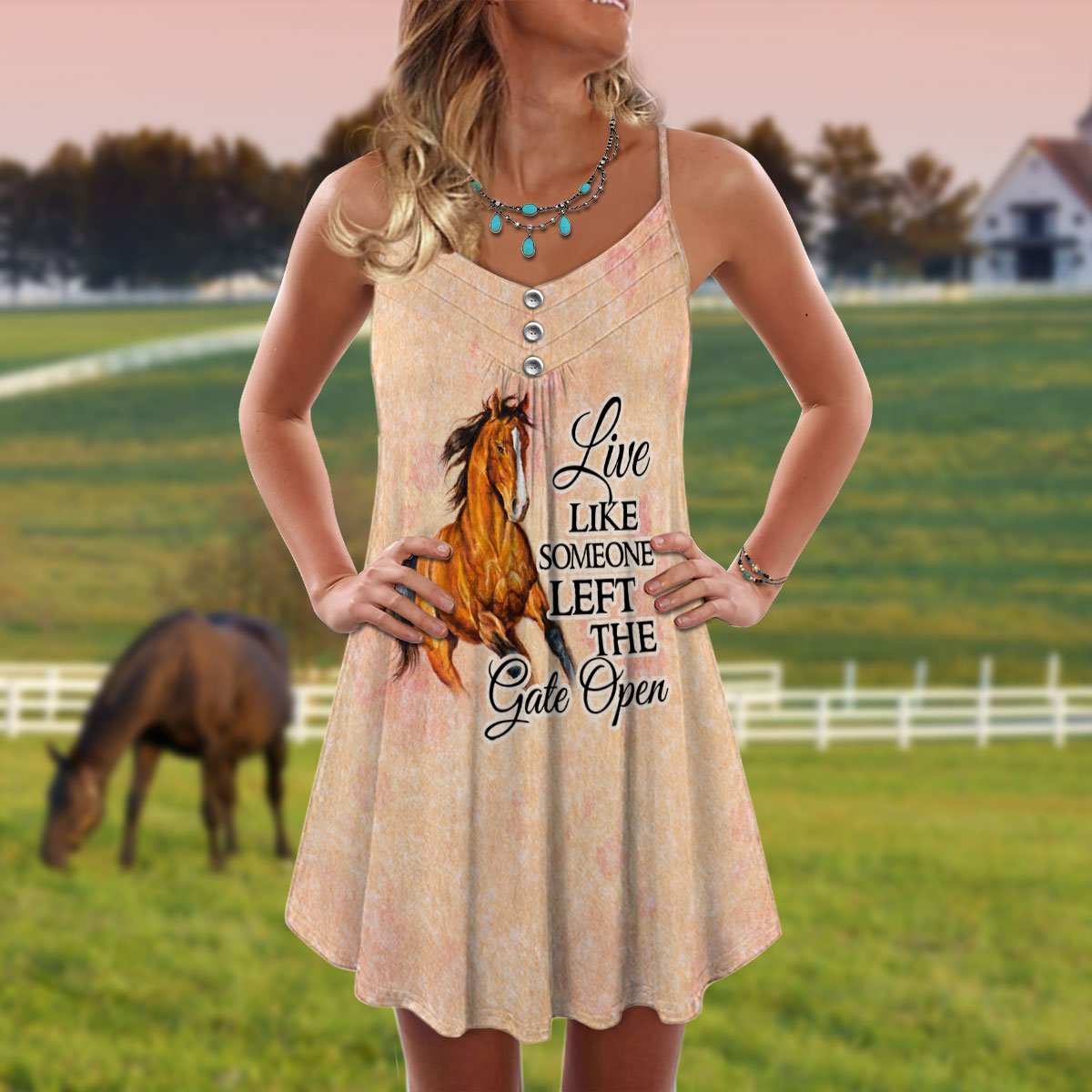 Horse V-Neck Sleeveless Cami Dress For Travel And Comfortable Summer Styling