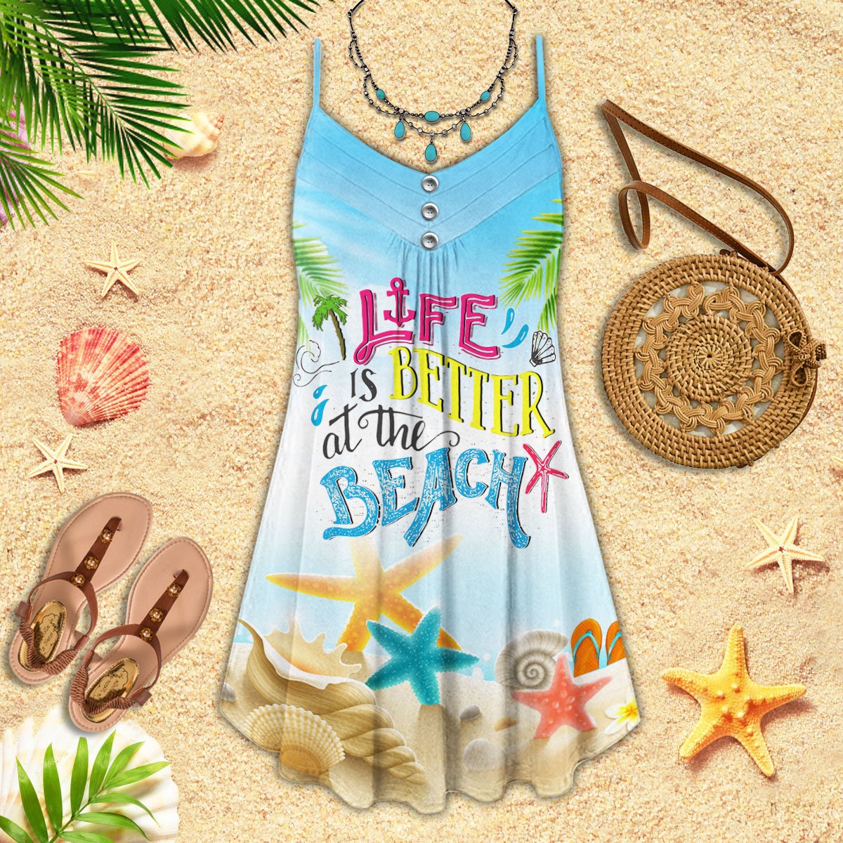 Beach Better Life V-Neck Sleeveless Cami Dress For Coastal Travel And Relaxed Summer Wear