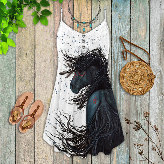 Black Stallion Horse V-Neck Sleeveless Cami Dress For Outdoor Events And Thoughtful Gifting