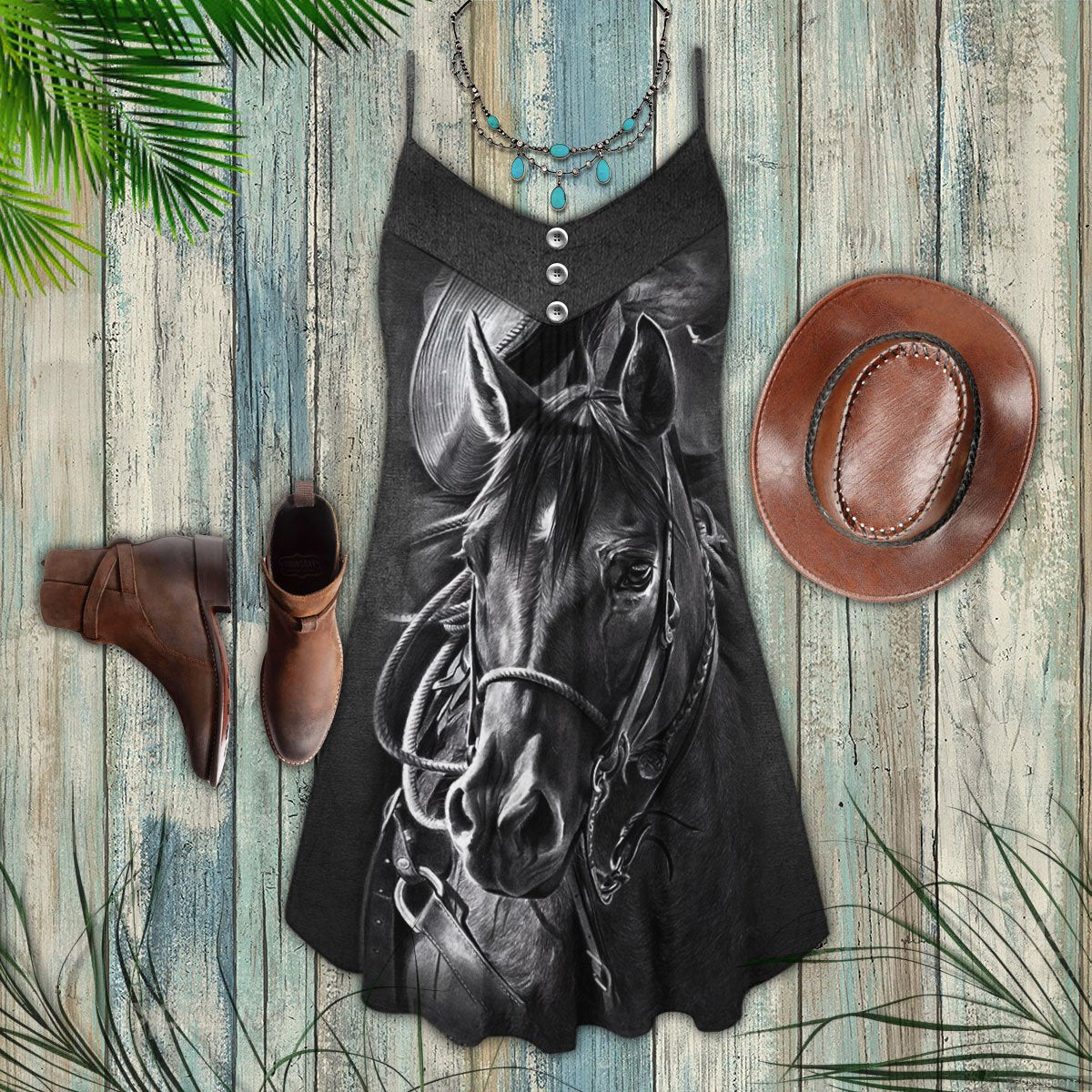 Black White Horse V-Neck Sleeveless Cami Dress For Outdoor Events And Thoughtful Gifting