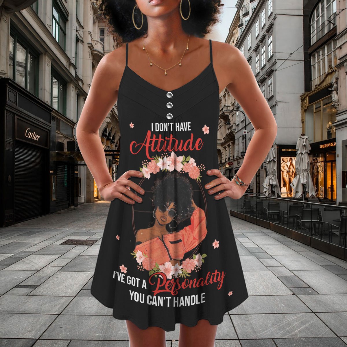 Black I Dont Have Attitude V-Neck Sleeveless Cami Dress For Weekend Travel And Expressive Casual Fashion