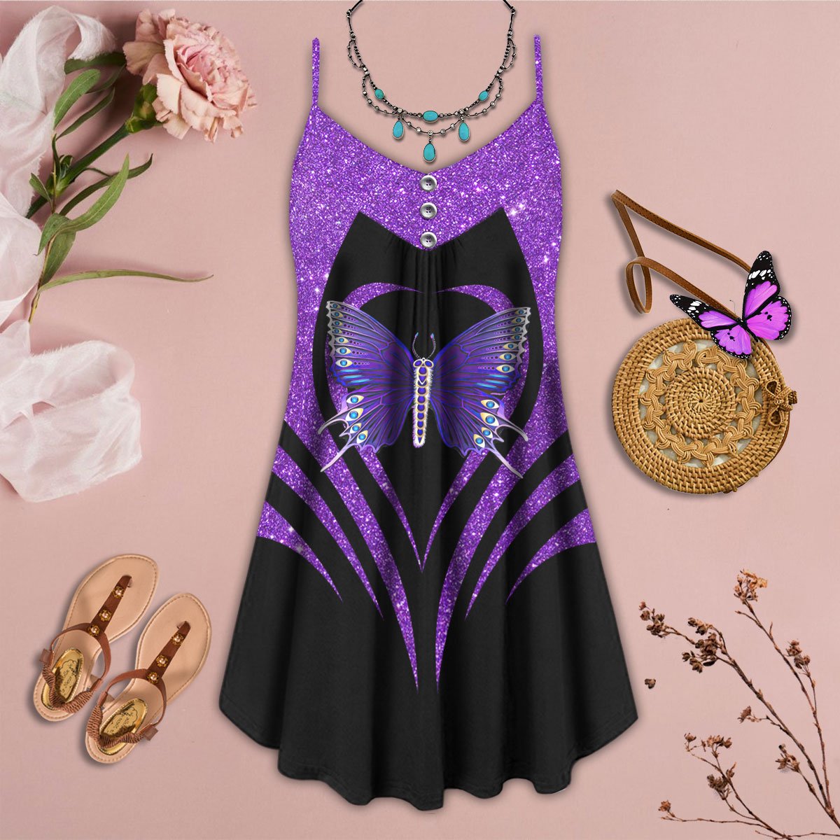 Purple Butterfly V-Neck Sleeveless Cami Dress For Nature Lovers And Thoughtful Gifting