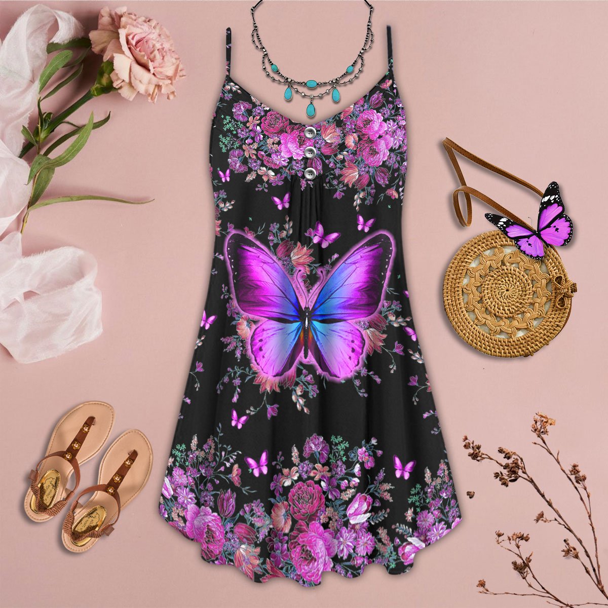 Purple Flower Butterfly V-Neck Sleeveless Cami Dress For Nature Lovers And Thoughtful Gifting