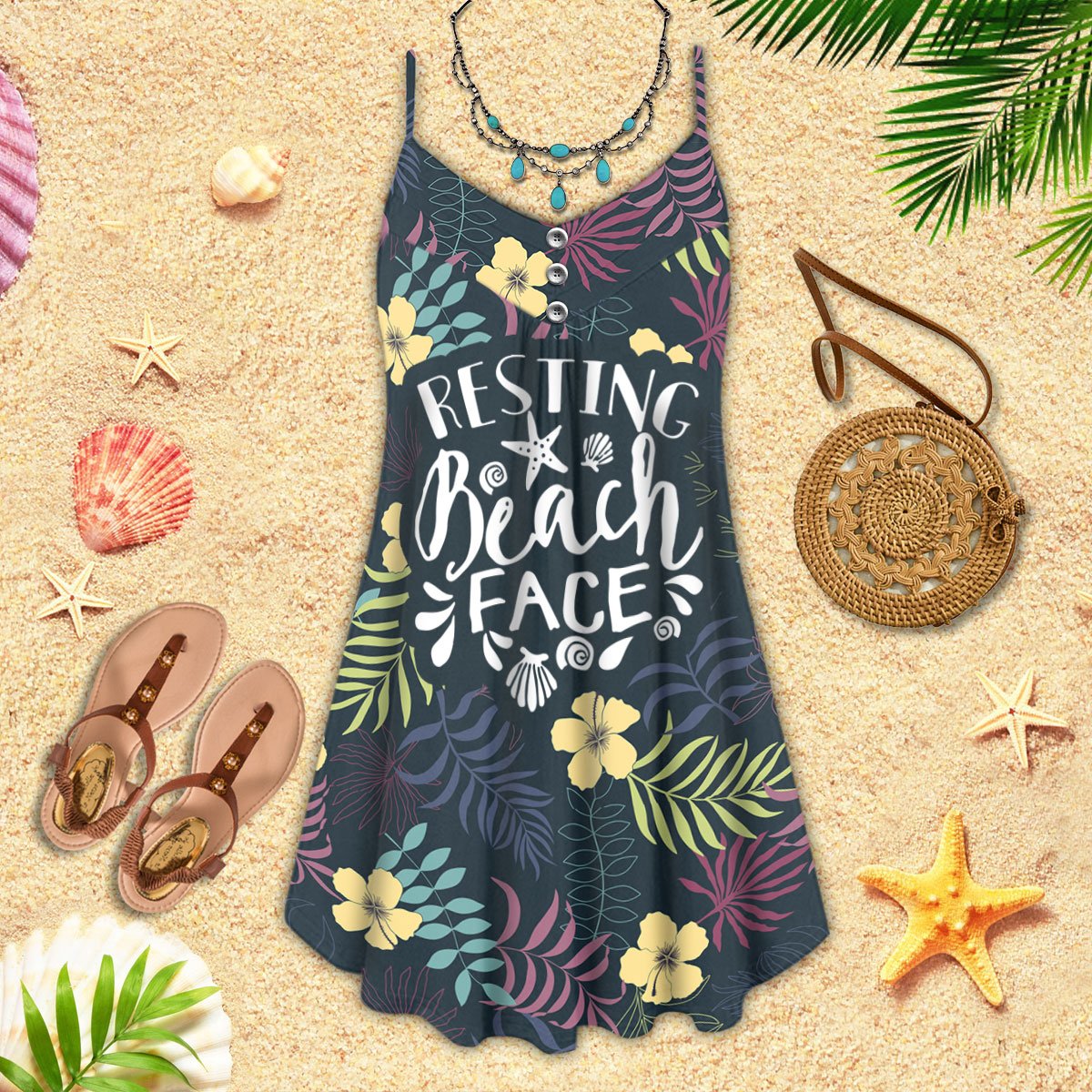 Beach Face V-Neck Sleeveless Cami Dress For Beach Trips And Resort Vacations