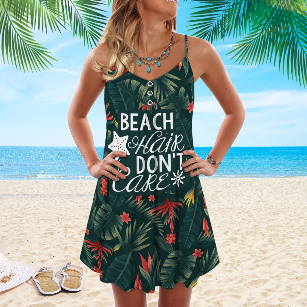 Beach Hair Dont Care V-Neck Sleeveless Cami Dress For Beach Festivals And Comfortable Summer Outfits