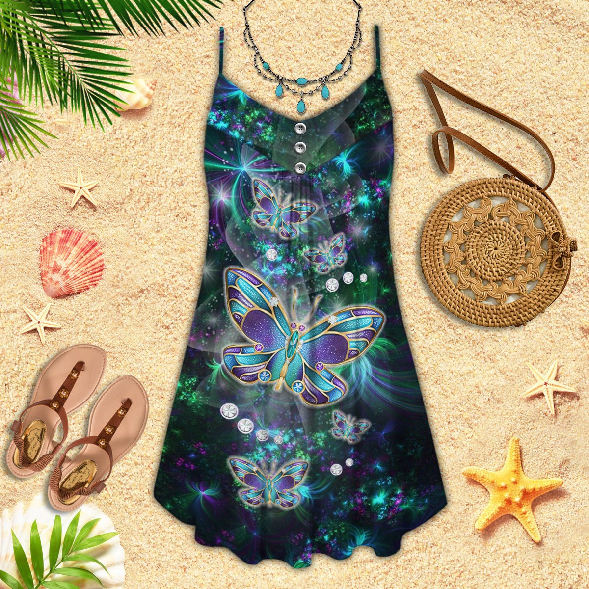 Purple Butterfly V-Neck Sleeveless Cami Dress For Travel And Comfortable Botanical Styling