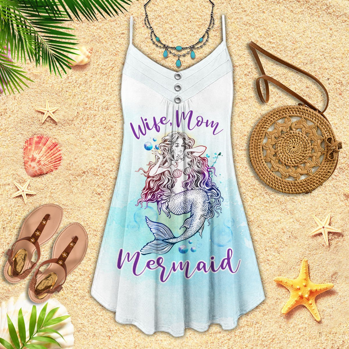 Wife Mom Mermaid V-Neck Sleeveless Cami Dress For Tropical Parties And Casual Everyday Style
