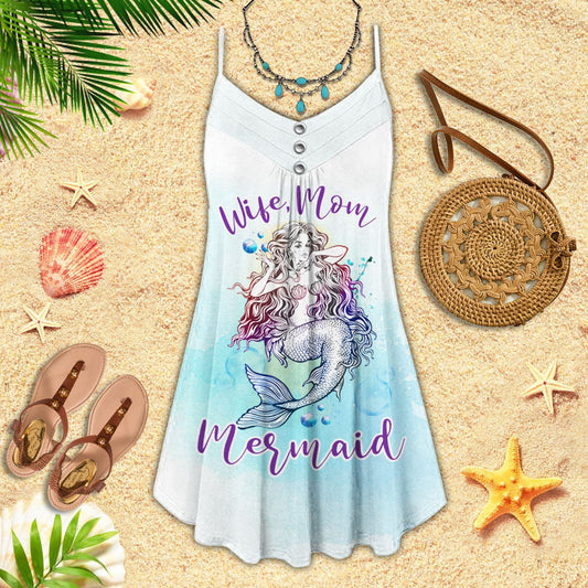 Wife Mom Mermaid V-Neck Sleeveless Cami Dress For Tropical Parties And Casual Everyday Style