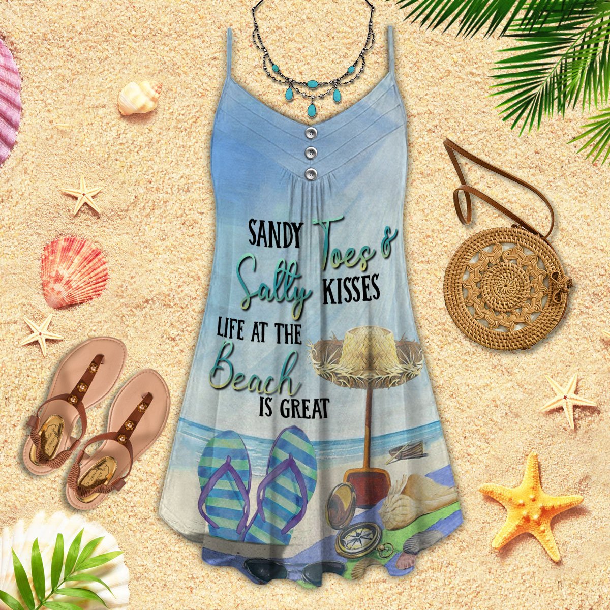 Beach Sandy Toes V-Neck Sleeveless Cami Dress For Island Holidays And Thoughtful Gifting
