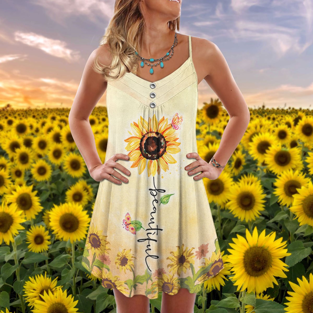 Beautiful Sunflower V-Neck Sleeveless Cami Dress For Travel And Comfortable Botanical Styling