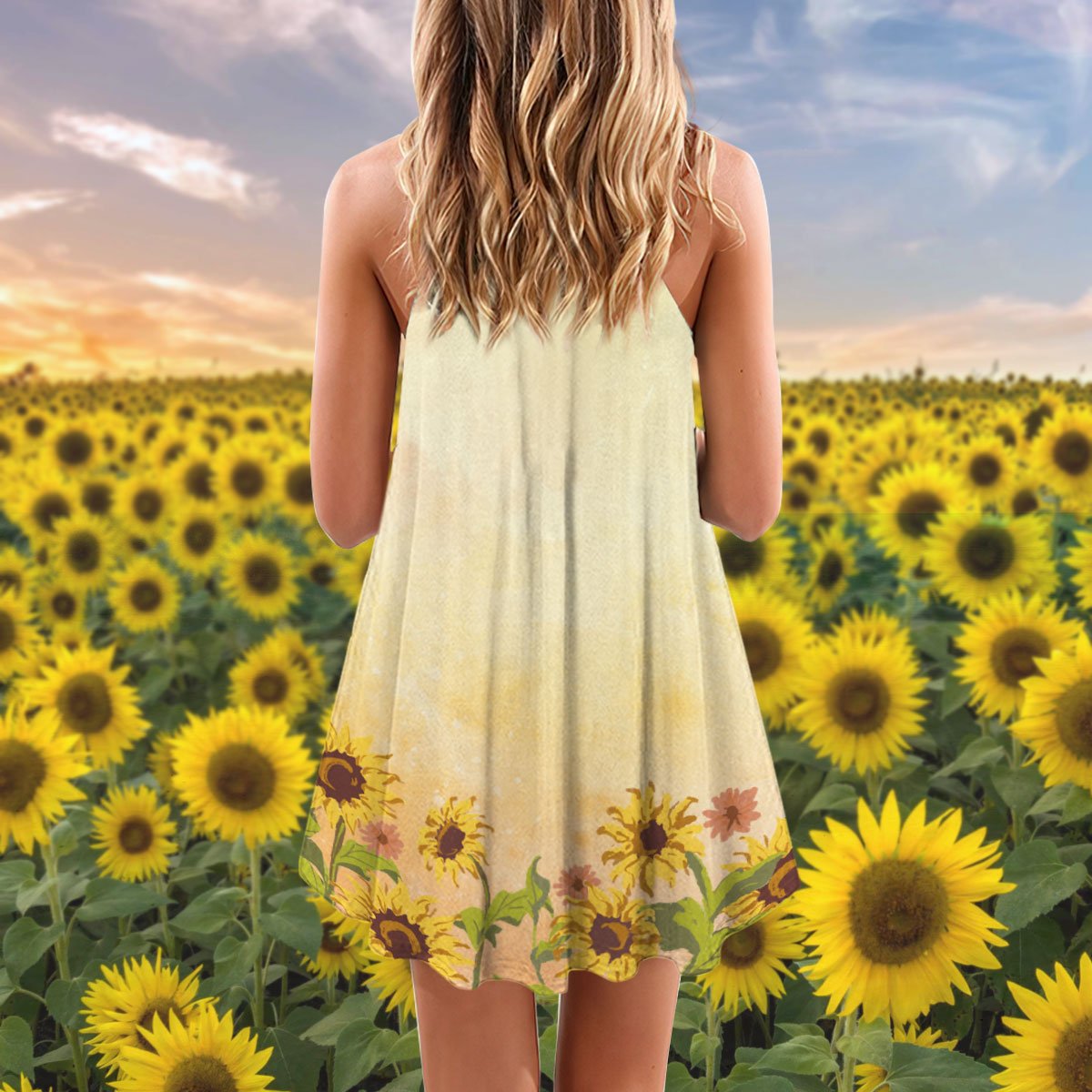 Sunflower Beautiful And Stunning V-Neck Sleeveless Cami Dress For Travel And Comfortable Botanical Styling