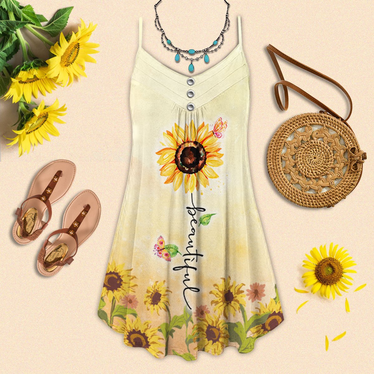 Beautiful Sunflower V-Neck Sleeveless Cami Dress For Travel And Comfortable Botanical Styling