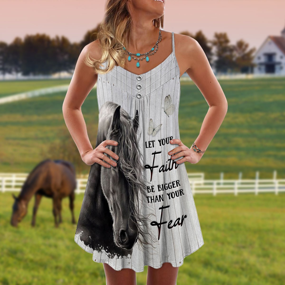 Horse Black Let Your Faith Be Bigger V-Neck Sleeveless Cami Dress For Vacations And Playful Everyday Style
